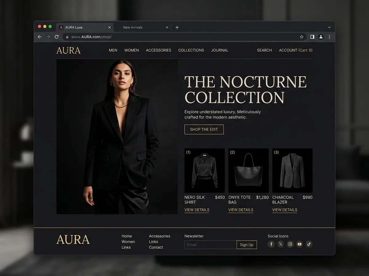 Demonstração de landing page dark para e-commerce de moda gerada por IA