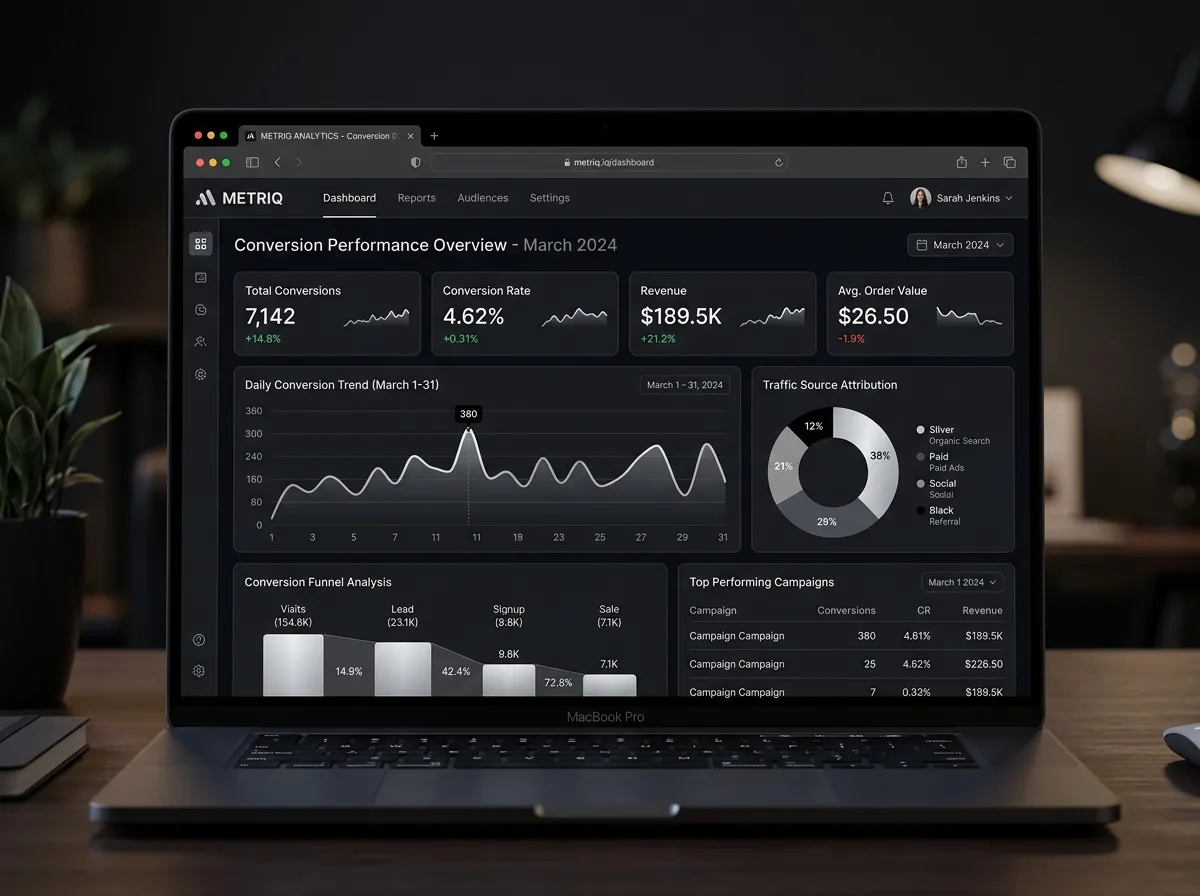 Demonstração de dashboard de conversão dark gerado por IA